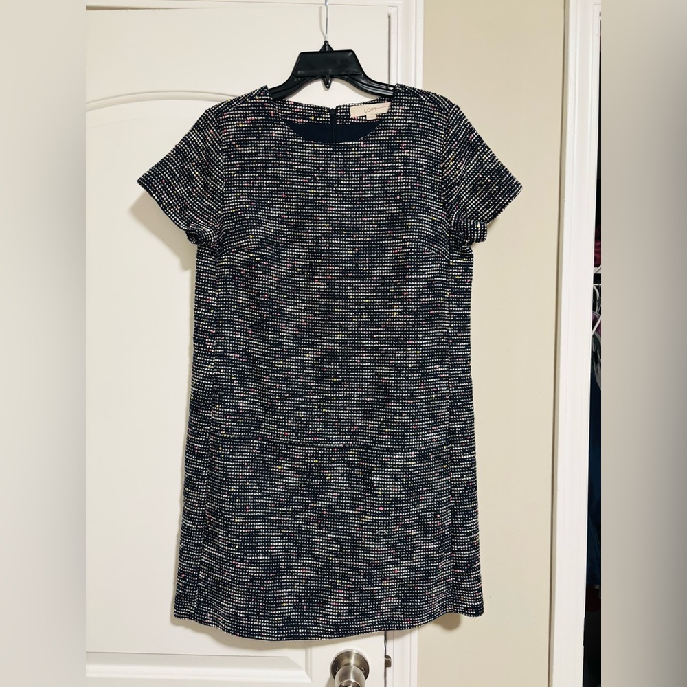 LOFT, Navy Tweed-Look Shift Dress with Multicolor Speckle, Size 8